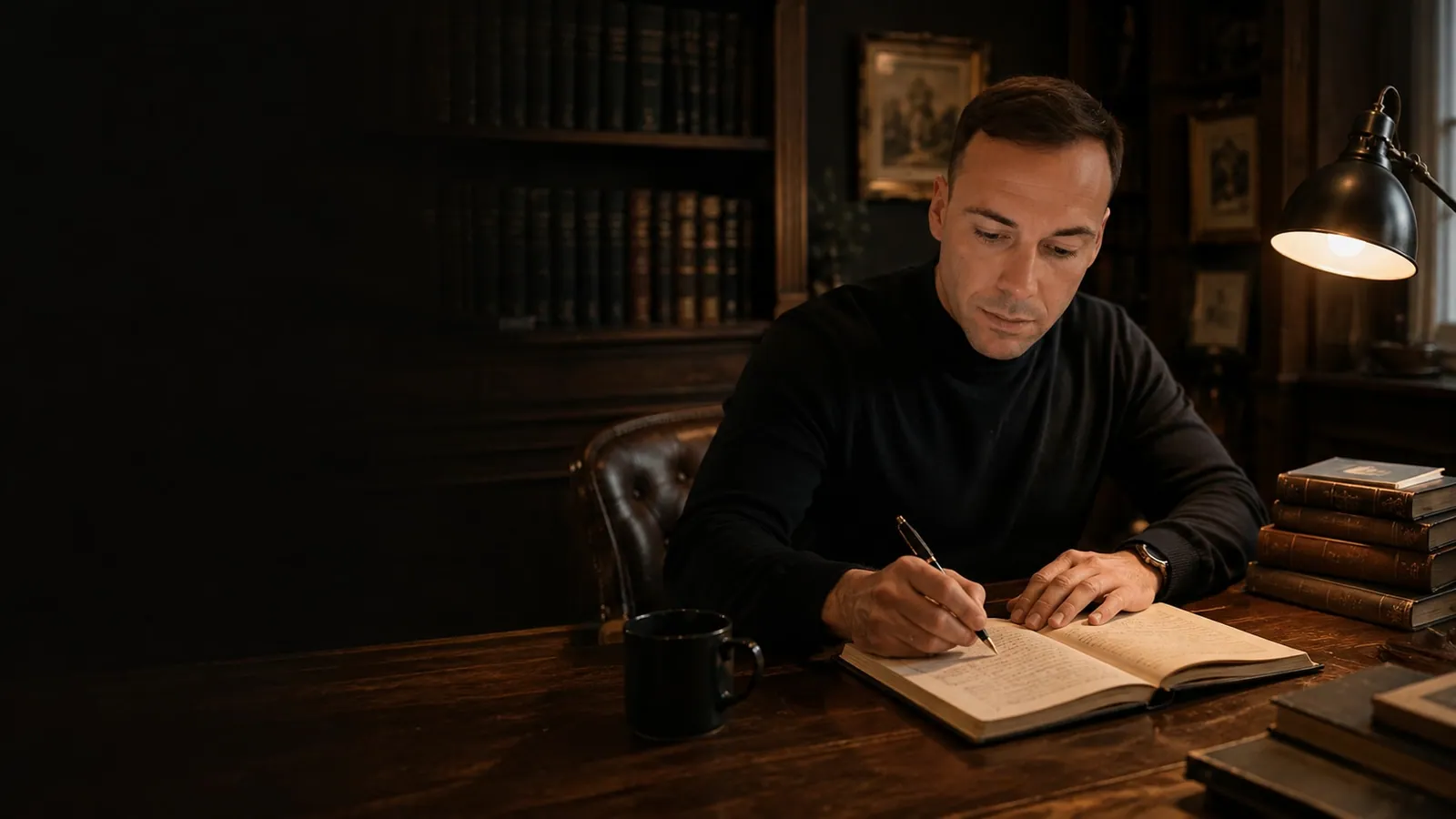 Álvaro González Díaz escribiendo a mano en un cuaderno, en su estudio a media luz: estantería de libros, lámpara de lectura cálida y un escritorio de madera.